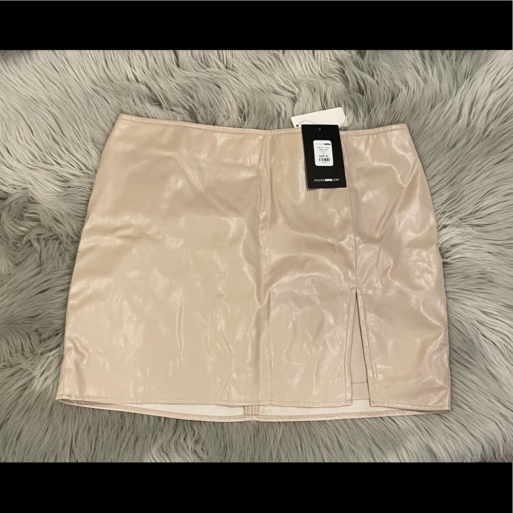 Nude faux leather mini skirt
